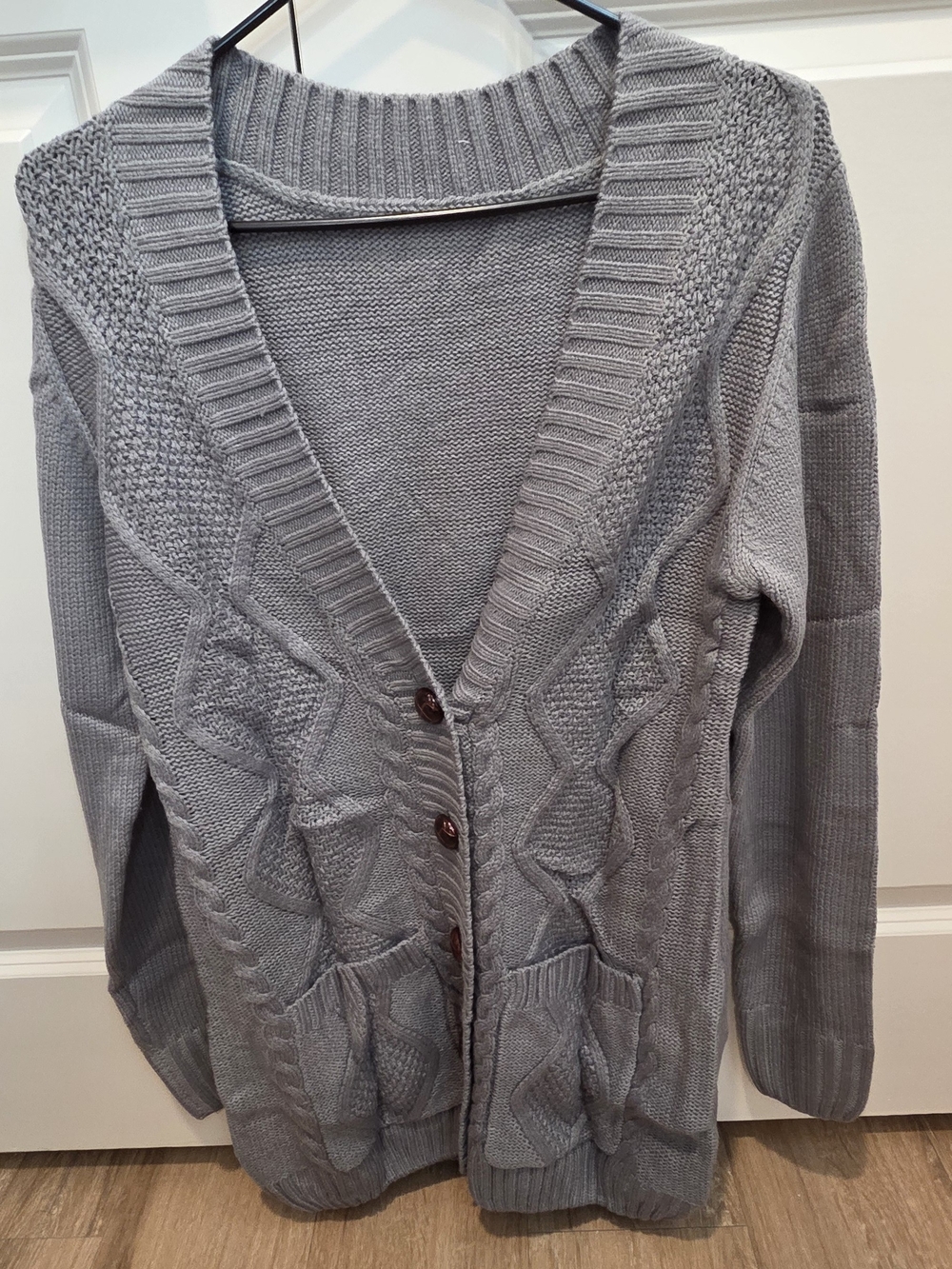 Light Gray Cable-Knit Button-Front Women’s Cardigan